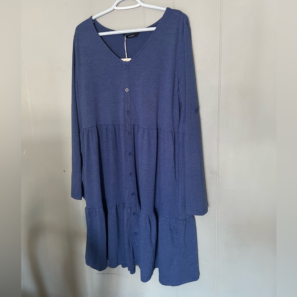 Dokotoo Blue Tiered Babydoll Dress Long Sleeve Button Front V-Neck